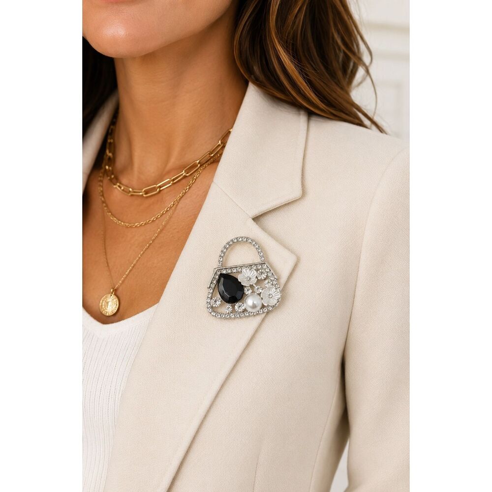 Ellas Rhinestone Purse Brooch Pin Crystal Pearl Flower Handbag Lapel Pin NWT